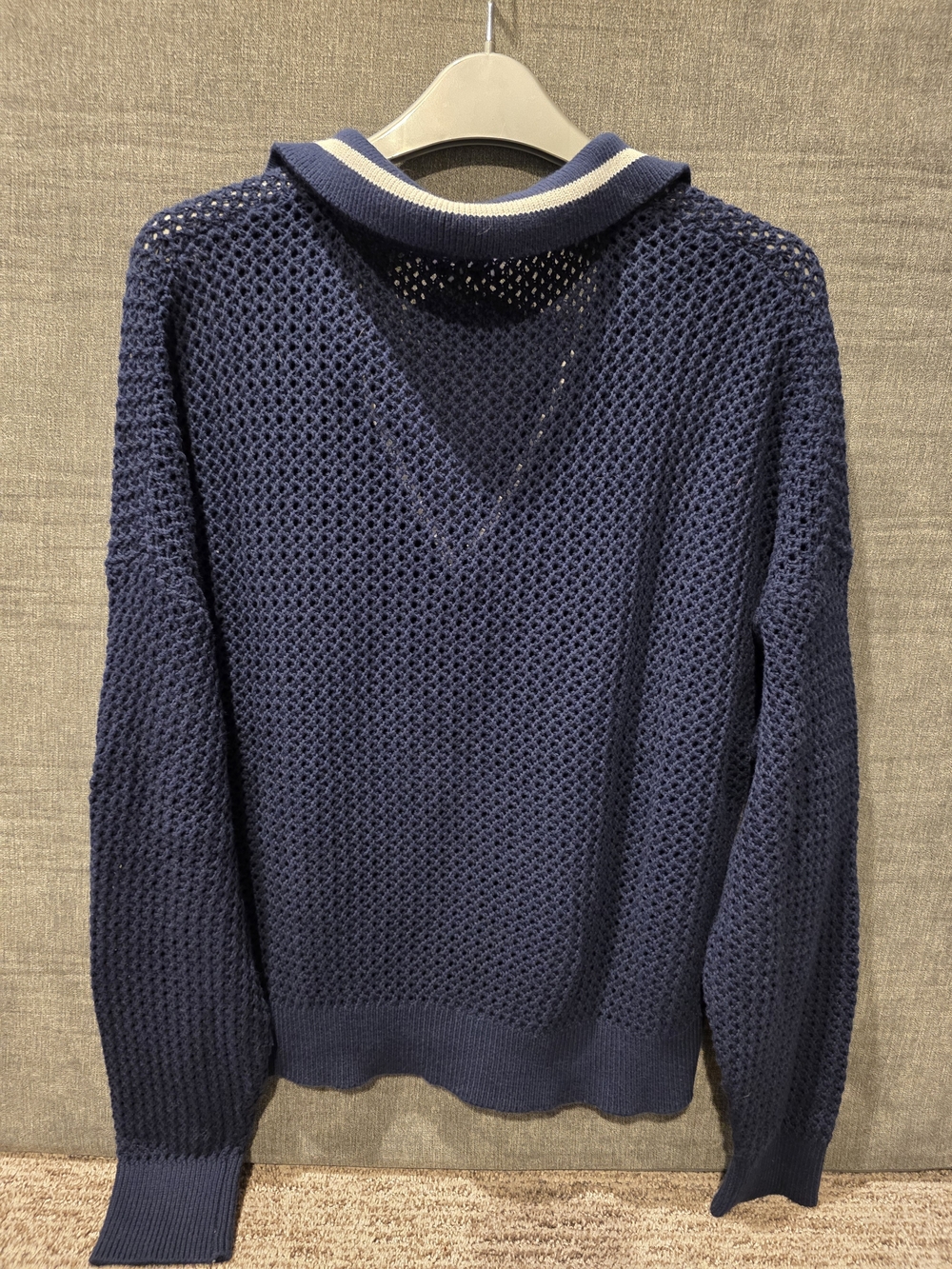525 America Navy Blue/white Open-Knit Polo Sweater Size M PTP 28 1/2in L 23 In - Picture 6 of 6